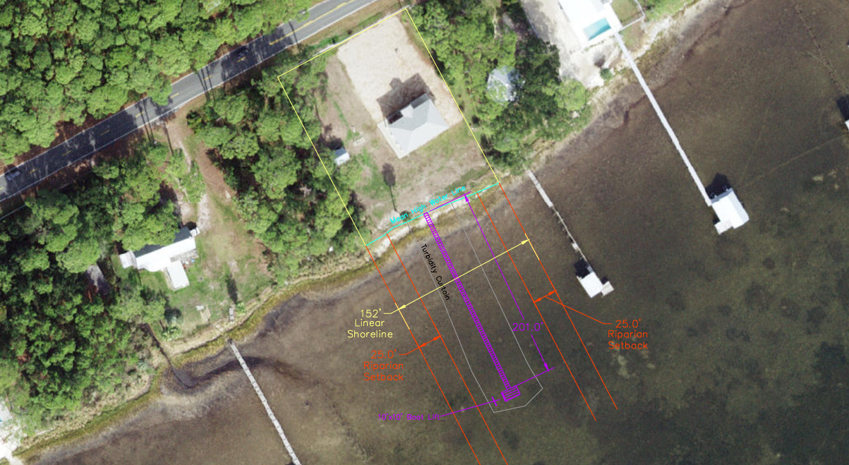Dock site plan drawing showing setbacks and permitting lines