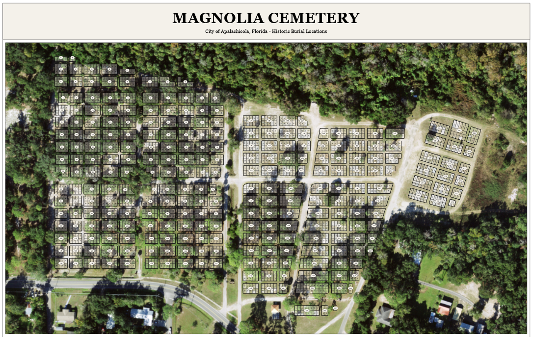 Magnolia Cemetery map showing burial blocks and lots